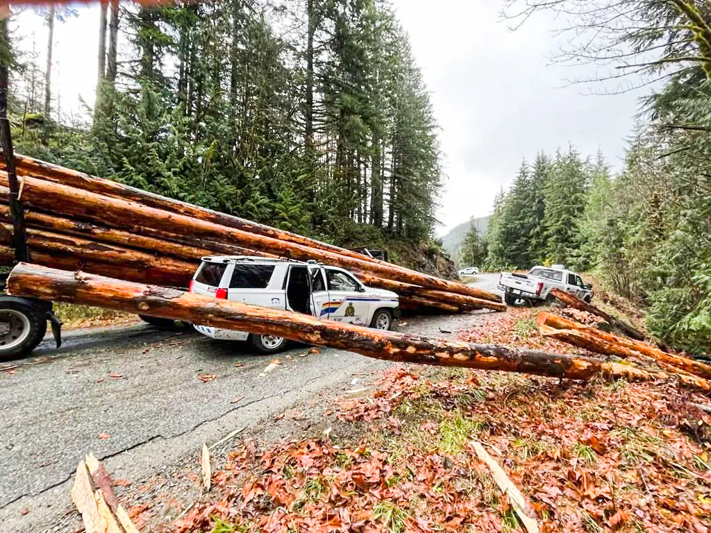 A Royal Canadian Mounted Police vehicle is shown following an accident with a logging truck near the Fairy Creek Watershed area on Vancouver Island, B.C. in this Tuesday, Nov. 9, 2021 handout photo. THE CANADIAN PRESS/HO - RCMP