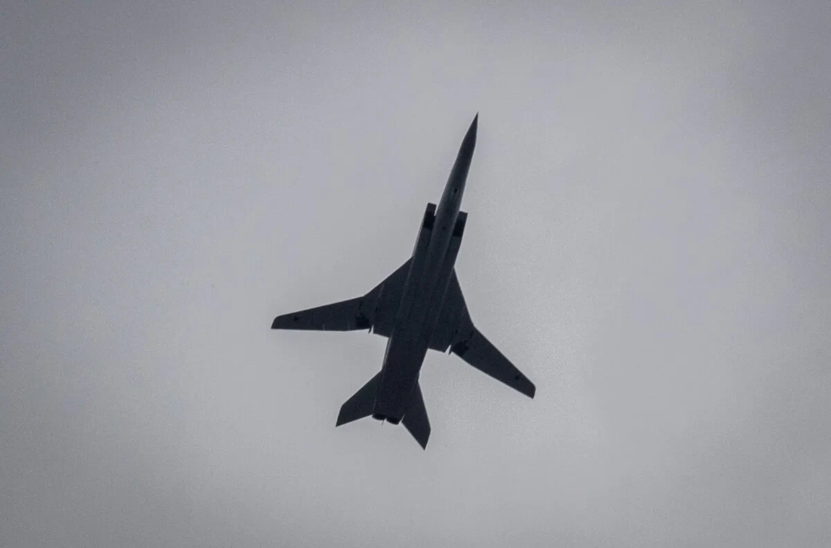 A Russian Tupolev Tu-22M3 Backfire strategic bombers fly back to his base after a rehearsal for the Victory Day military parade outside Moscow on May 4, 2020. (Yuri Kadobnov/AFP via Getty Images)