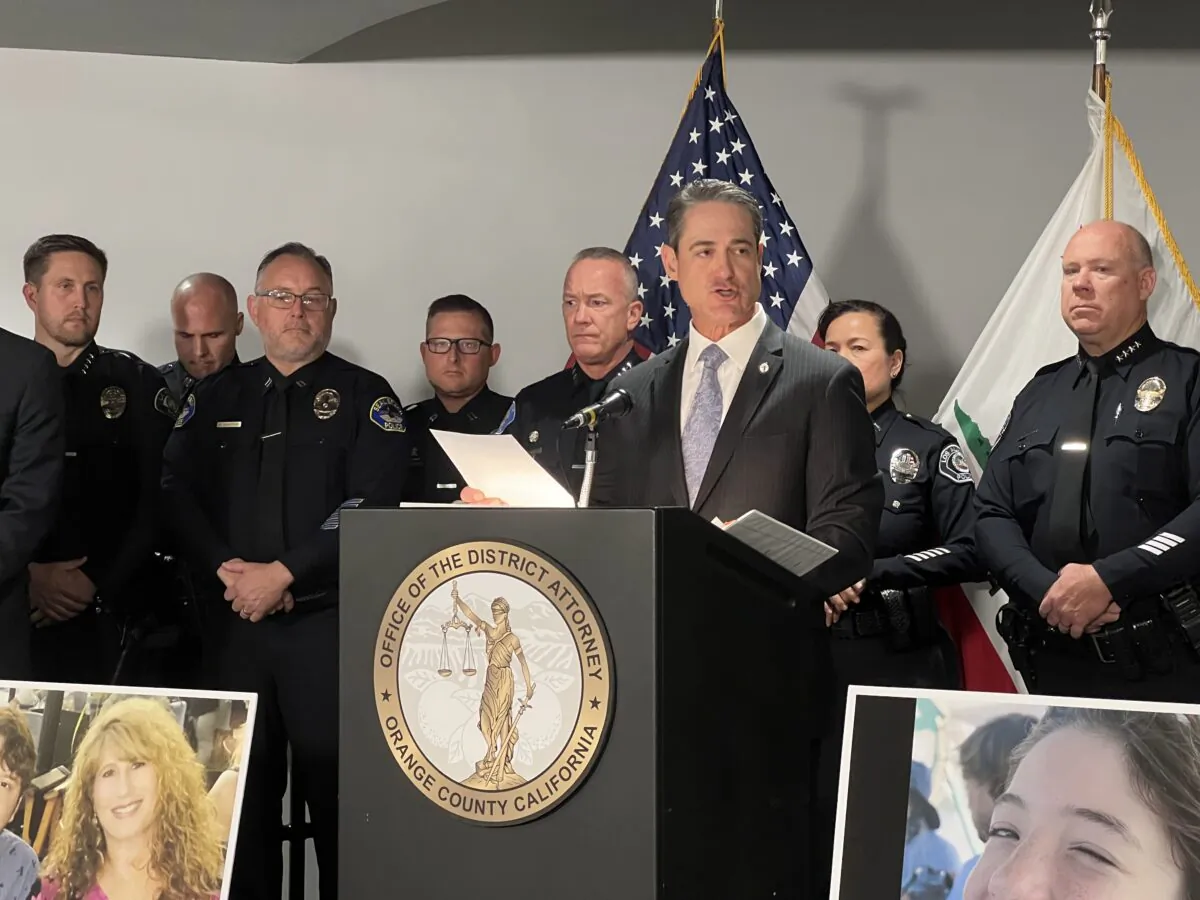 Orange County District Attorney Todd Spitzer announces that his office will now be charging convicted drug dealers with murder if they manufacture or sell drugs that result in someone dying, in Santa Ana, Calif., on Nov. 9, 2021. (Drew Van Voorhis/The Epoch Times)