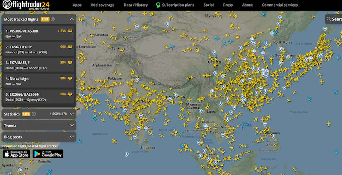 In late October, the CCP’s mouthpiece CCTV alluded that Flightradar 24 was providing ADS-B receivers to Chinese volunteers suspected of leaking "state secrets" and the website was blocked. (Flightradar 24 website screenshot via The Epoch Times)