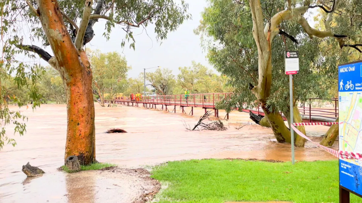 General view of the swelling Todd River in Alice Springs, Australia's Northern Territory, Australia on Nov. 10, 2021, in this still image taken from video provided on social media. (Alice Woods/via Reuters)