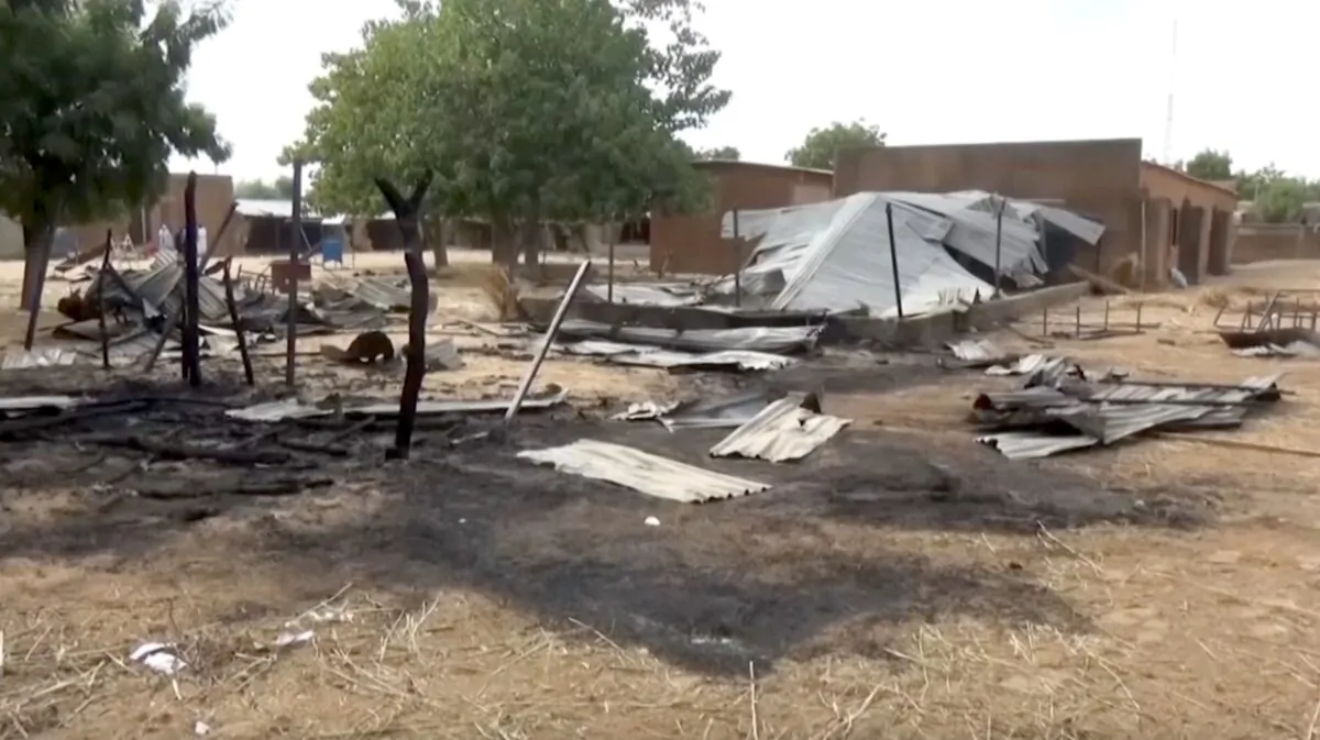 Burned structure after a fire at school "AFN" in Maradi, Niger, on Nov. 8, 2021, in a still from video. (AP/Screenshot via NTD)