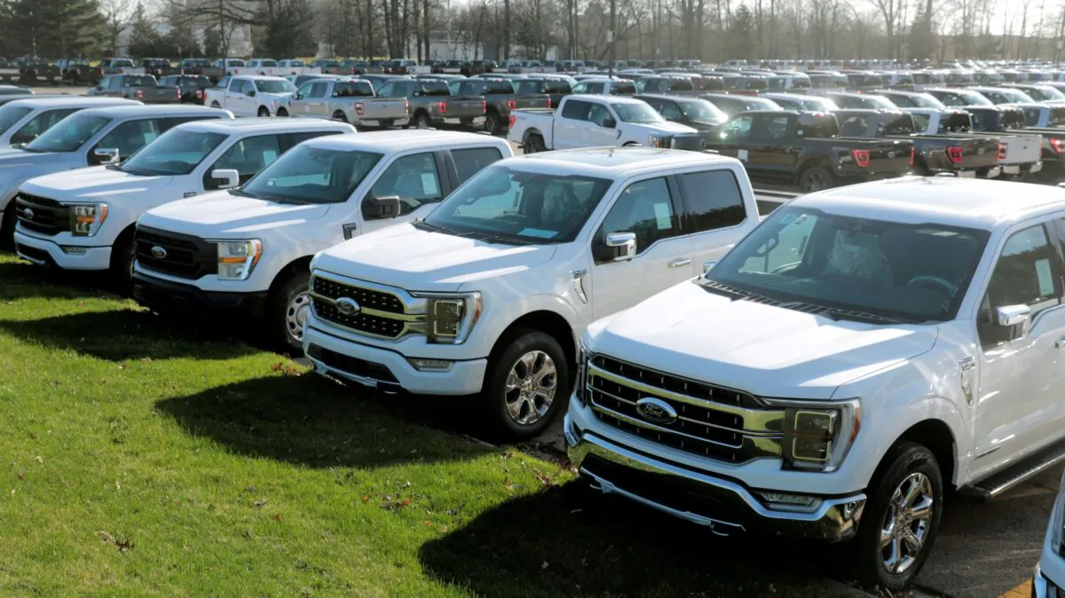 Newly manufactured Ford Motor Co. F-150 pick-up trucks are seen waiting for missing parts in Dearborn, Mich., on March 29, 2021. (Rebecca Cook/Reuters)