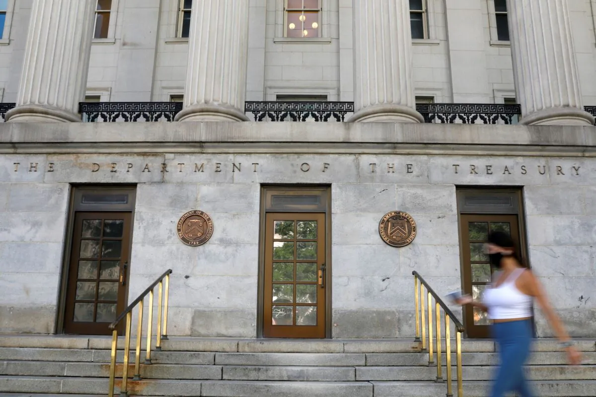 Signage is seen at the United States Department of the Treasury headquarters in Washington on Aug. 29, 2020. (Andrew Kelly/Reuters)