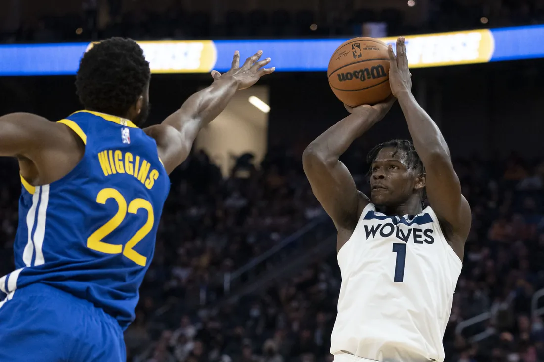 Minnesota Timberwolves forward Anthony Edwards (1) shoots the basketball against Golden State Warriors forward Andrew Wiggins (22) during the fourth quarter at Chase Center, in San Francisco, Calif., on November 10, 2021. (Kyle Terada/USA TODAY Sports via Field Level Media)
