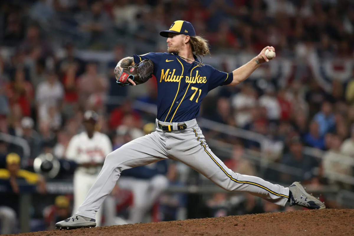Milwaukee Brewers relief pitcher Josh Hader (71) throws a pitch against the Atlanta Braves during the eighth inning in game four of the 2021 ALDS at Truist Park Cumberland, Georgia, on Oct 12, 2021;. (Brett Davis-USA TODAY Sports)