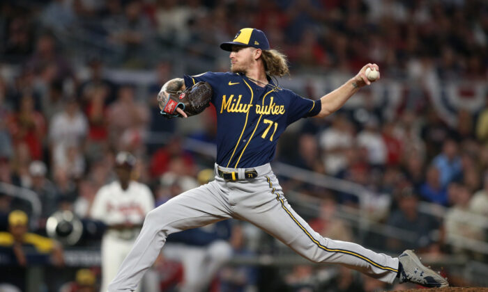 Milwaukee Brewers relief pitcher Josh Hader (71) throws a pitch against the Atlanta Braves during the eighth inning in game four of the 2021 ALDS at Truist Park Cumberland, Georgia, on Oct 12, 2021;. (Brett Davis-USA TODAY Sports)