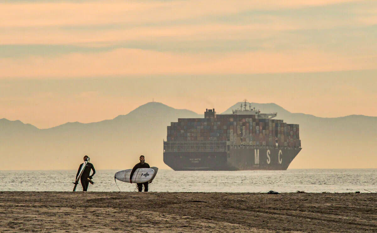 Cargo ships sit backlogged outside the ports of Los Angeles and Long Beach, Calif., on Jan. 12, 2021. (John Fredricks/The Epoch Times)