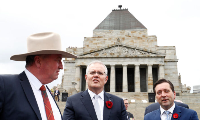 Deputy Prime Minister of Australia Barnaby Joyce and Australian Prime Minister Scott Morrison attend the Remembrance Day service at the Shrine of Remembrance in Melbourne, Australia, on Nov. 11, 2021. (Darrian Traynor/Getty Images)