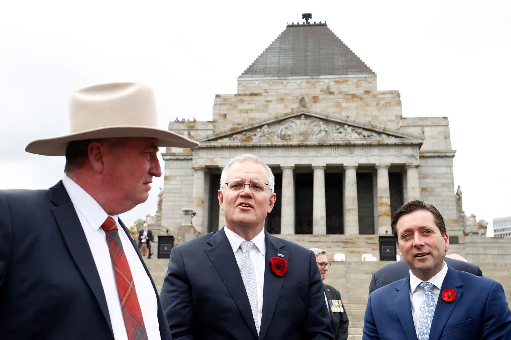 Deputy Prime Minister of Australia Barnaby Joyce and Australian Prime Minister Scott Morrison attend the Remembrance Day service at the Shrine of Remembrance in Melbourne, Australia, on Nov. 11, 2021. (Darrian Traynor/Getty Images)