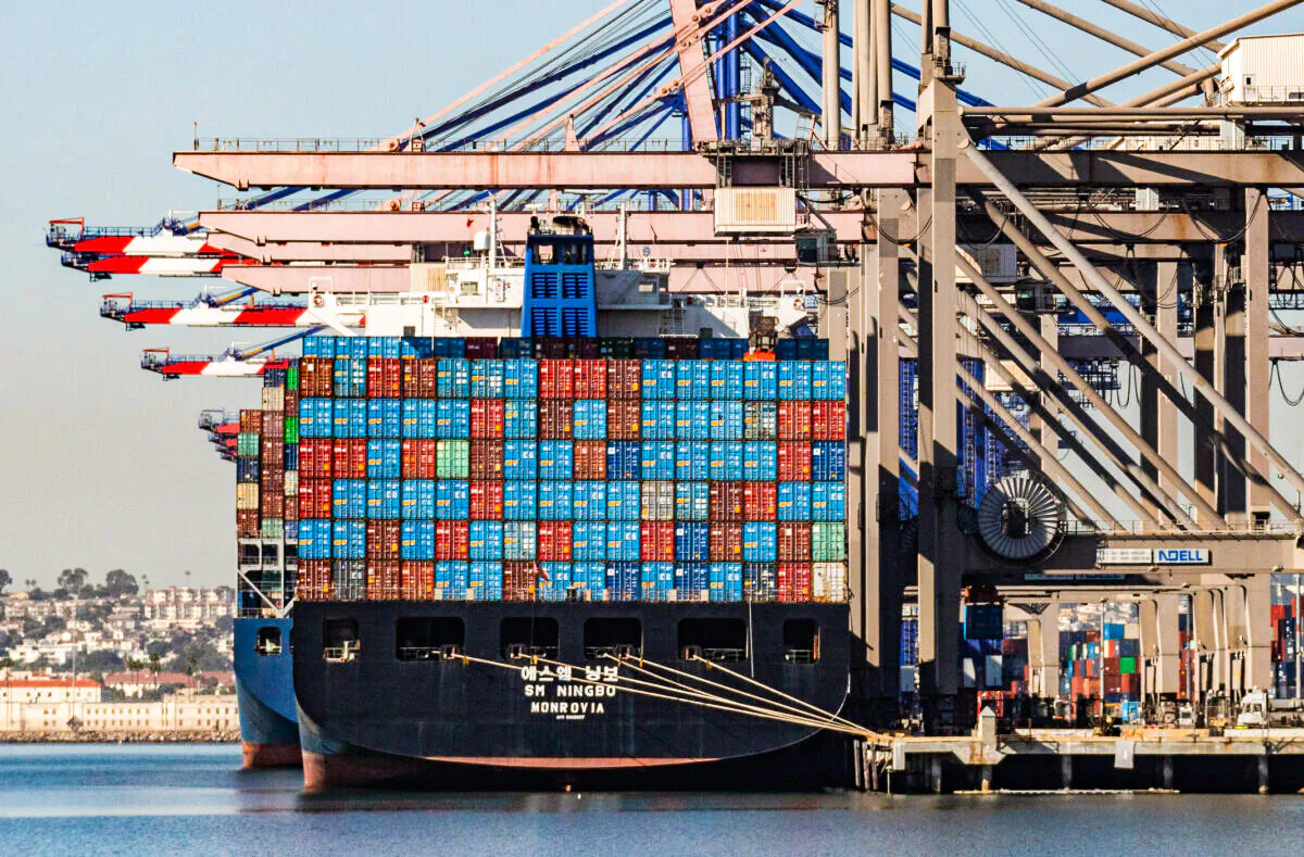 Cargo containers are stacked on a ship at the Port of Long Beach, Calif., on Oct. 27, 2021. (John Fredricks/The Epoch Times)