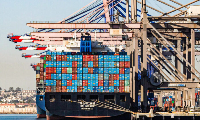 Cargo containers are stacked on a ship at the Port of Long Beach, Calif., on Oct. 27, 2021. (John Fredricks/The Epoch Times)