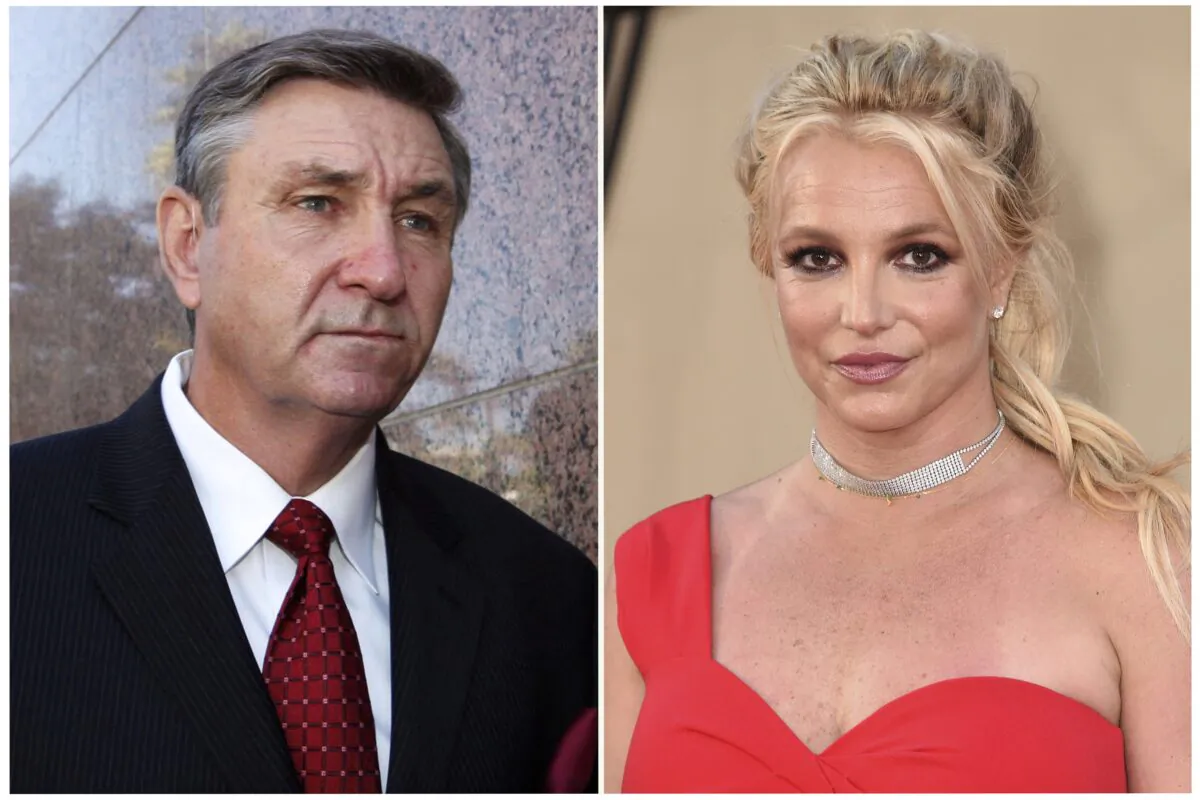 In this combination of photos, Jamie Spears, father of singer Britney Spears, leaves the Stanley Mosk Courthouse in Los Angeles on Oct. 24, 2012. (Left) Britney Spears arrives at the premiere of "Once Upon a Time in Hollywood," in Los Angeles, on July 22, 2019. (AP Photo)