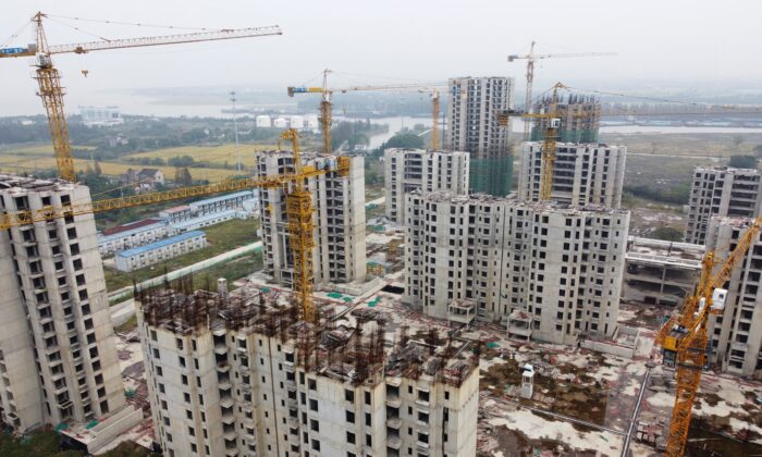 An aerial view shows residential buildings at the construction site of Evergrande Cultural Tourism City, in Suzhou's Taicang, Jiangsu province, China, on Oct. 22, 2021. (Xihao Jiang/Reuters)