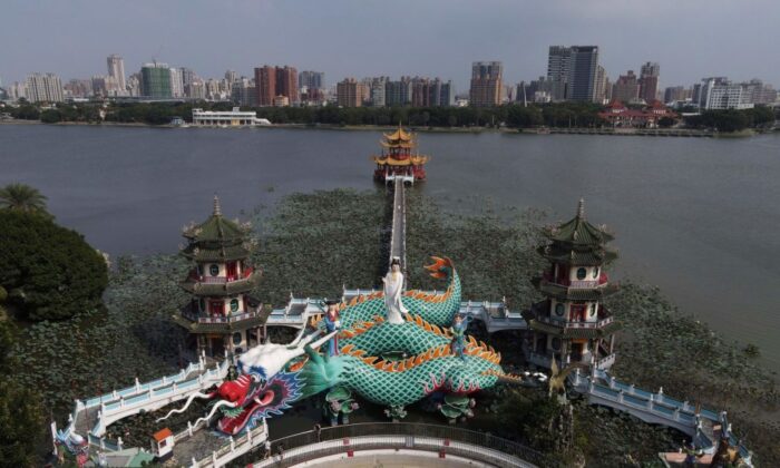 An aerial view shows Spring and Autumn pavilions at the Lotus pond in Zuoying District in Kaohsiung, Taiwan, on Oct. 16, 2020. (Sam Yeh/AFP via Getty Images)