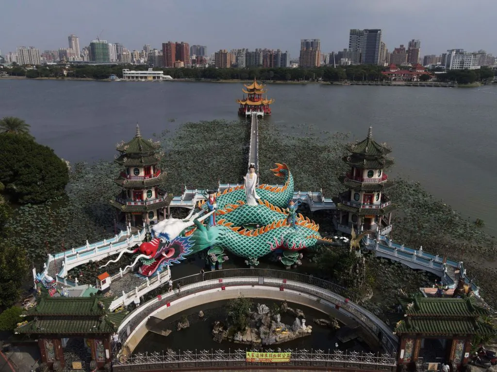 An aerial view shows Spring and Autumn pavilions at the Lotus pond in Zuoying District in Kaohsiung, Taiwan, on Oct. 16, 2020. (Sam Yeh/AFP via Getty Images)
