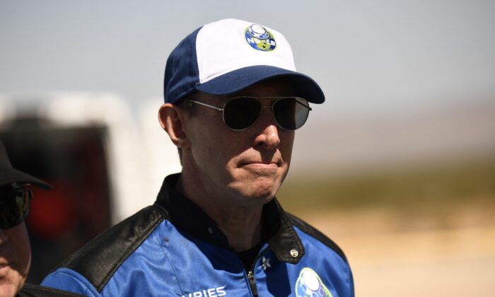 NS-18 crew member, Medidata Solutions Co-Founder, Glen de Vries, attends a press conference at the New Shepard rocket landing pad  in the West Texas on Oct. 13, 2021. (Patrick T. Fallon/AFP via Getty Images)