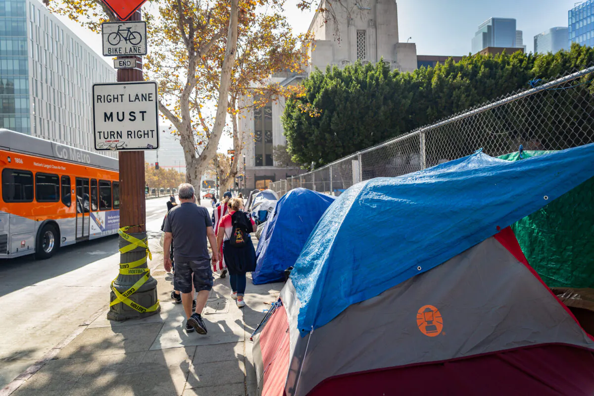 A homeless encampment in Downtown Los Angeles on Nov. 8, 2021. (John Fredricks/The Epoch Times)