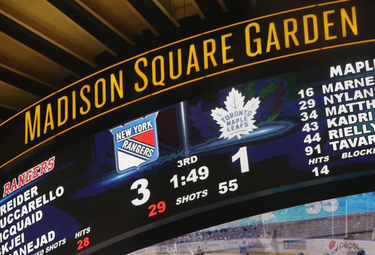 The general view of the scoreboard showing that Toronto had sent 55 shots on Alexandar Georgiev #40 of the New York Rangers with just two minutes left to play at Madison Square Garden in New York City on Feb. 10, 2019. (Bruce Bennett/Getty Images)