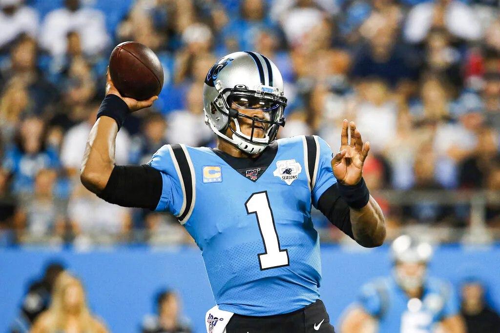Carolina Panthers quarterback Cam Newton (1) passes against the Tampa Bay Buccaneers during the first half of an NFL football game in Charlotte, N.C., on Sept. 12, 2019. (Brian Blanco/AP Photo)