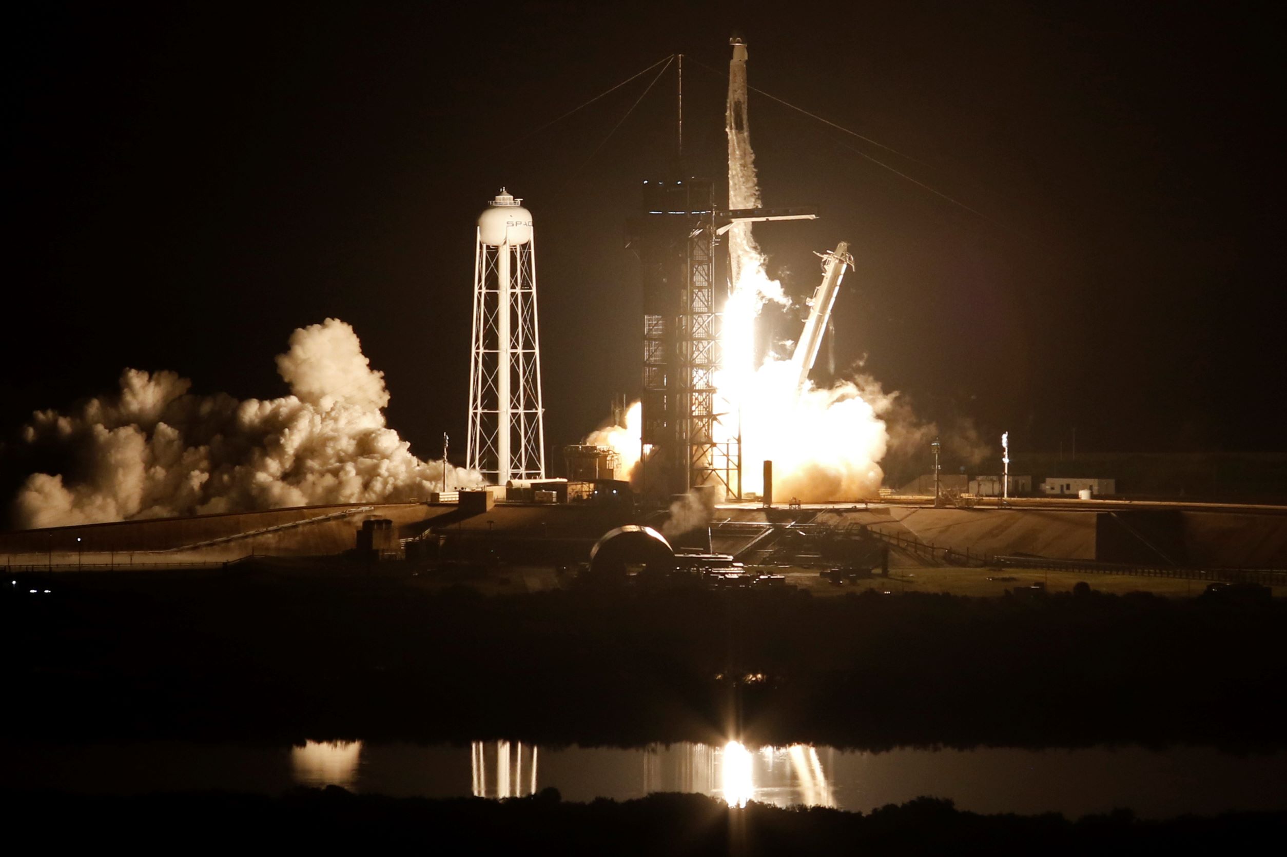A SpaceX Falcon 9 rocket, with the Crew Dragon capsule