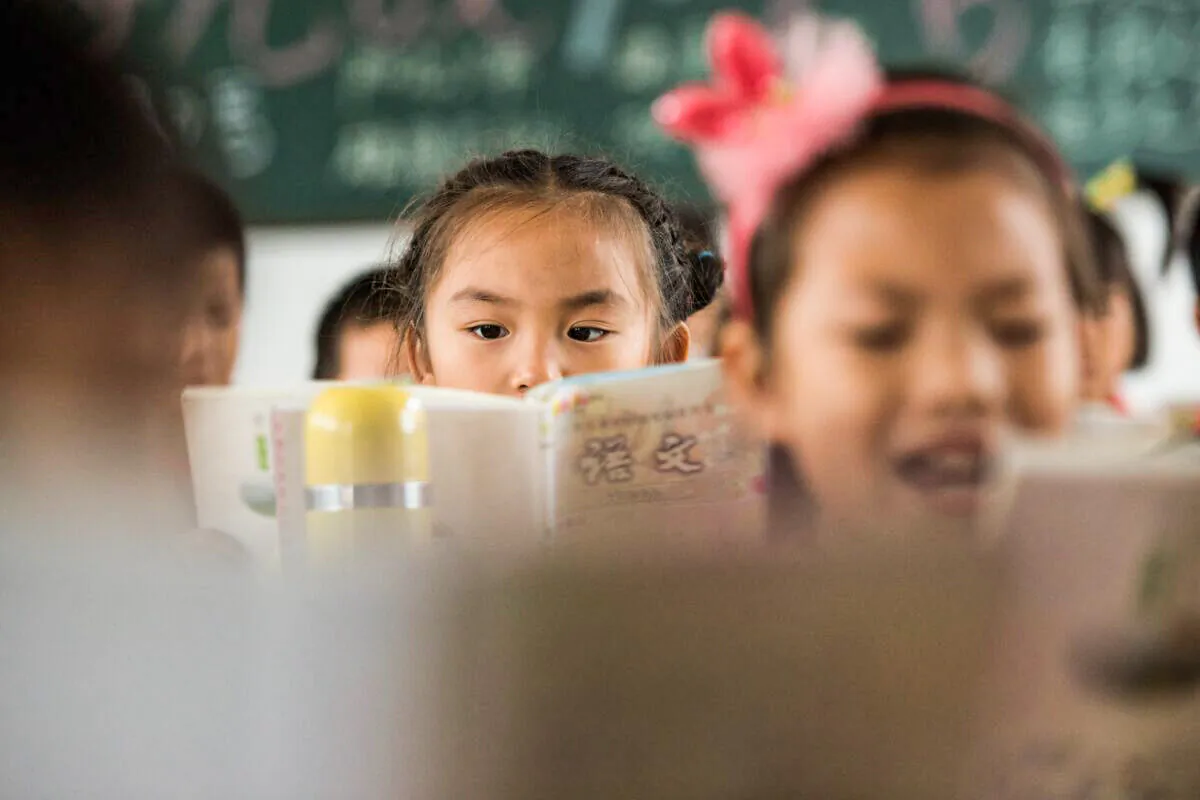 Chinese schoolchildren attending class at a primary School in Pingjiang County in China's Hunan Province, on Oct. 8, 2015. (Johannes Eisele/AFP via Getty Images)