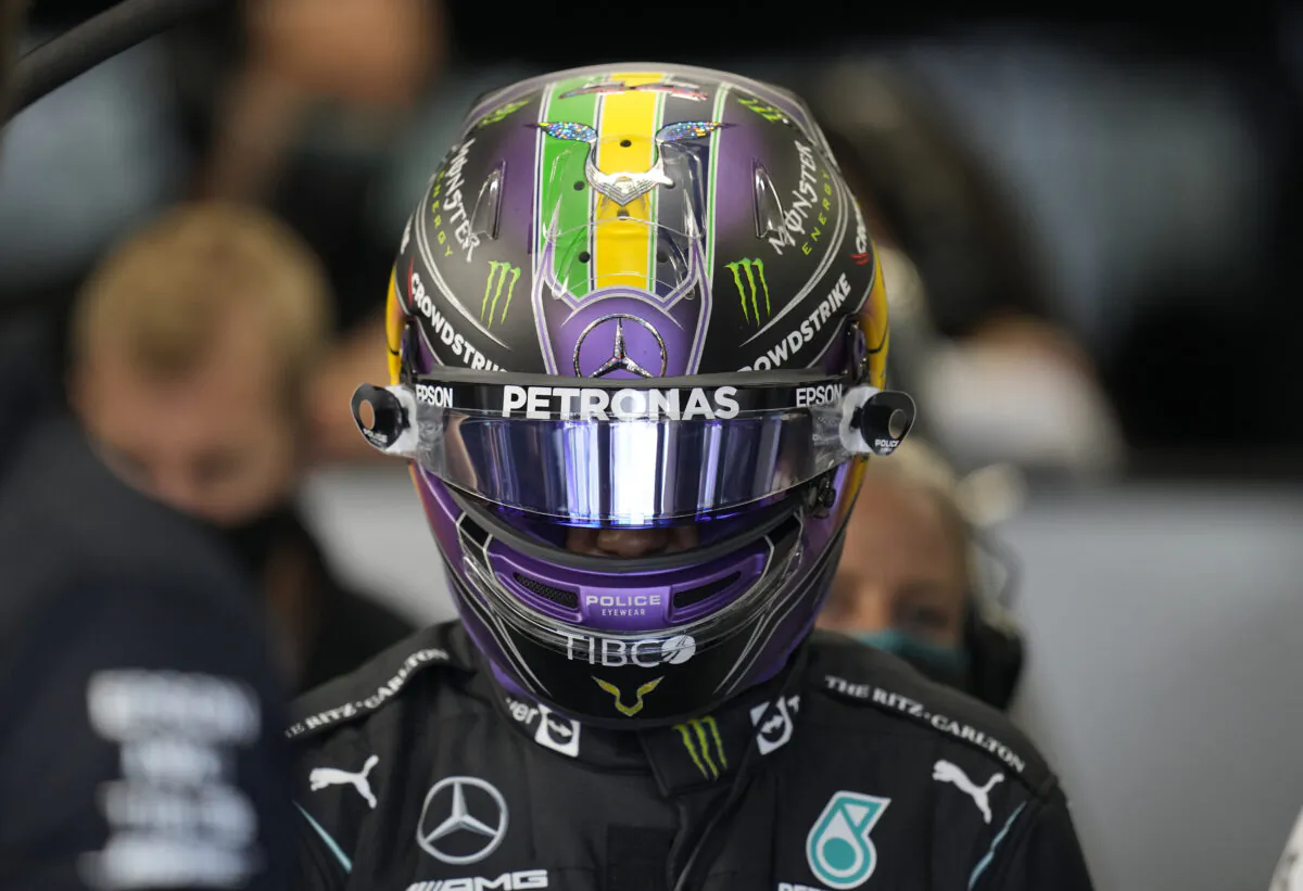 Mercedes' Lewis Hamilton prepares for a second practice session at the Interlagos racetrack in Sao Paulo, Brazil, on Nov. 13, 2021. (Andre Penner/AP Photo)