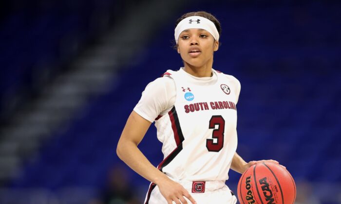 Destanni Henderson #3 of the South Carolina Gamecocks controls the ball during the second half against the Mercer Bears in the first round game of the 2021 NCAA Women's Basketball Tournament at the Alamodome in San Antonio, Texas, on March 21, 2021. (Carmen Mandato/Getty Images)