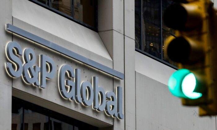 The S&P Global logo is displayed on its offices in the financial district in New York City, on Dece. 13, 2018. (Brendan McDermid/Reuters)
