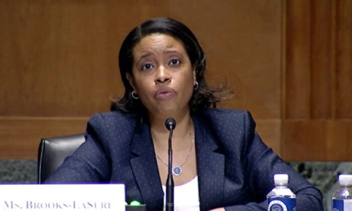 In this image from video, Chiquita Brooks-LaSure, now the administrator of the Centers for Medicare and Medicaid Services, is seen testifying to the Senate during her confirmation hearing in Washington on April 15, 2021. (The Epoch Times via Senate Committee on Finance)