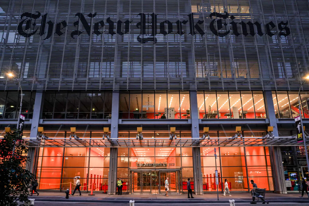 The New York Times building in New York on Aug. 31, 2021. (Samira Bouaou/The Epoch Times)