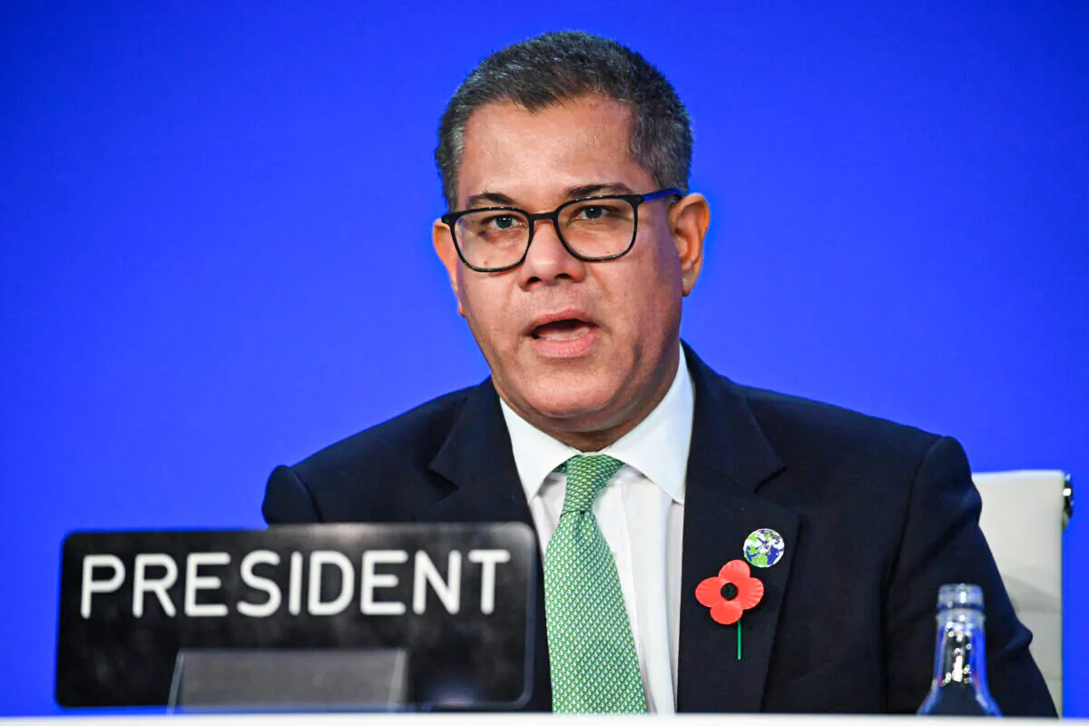 COP26 President Alok Sharma gives the closing speech as he attends the Closing Plenary of the COP26 Climate Summit at SECC in Glasgow, Scotland, on Nov. 13, 2021. (Jeff J Mitchell/Getty Images)