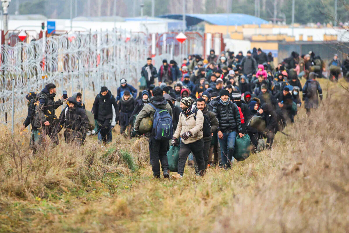 A group of migrants moves along the Belarusian-Polish border toward a camp to join those gathered at the spot and aiming to enter EU member Poland, in the Grodno region on Nov. 12, 2021. (Leonid Shcheglov/Belta/AFP via Getty Images)
