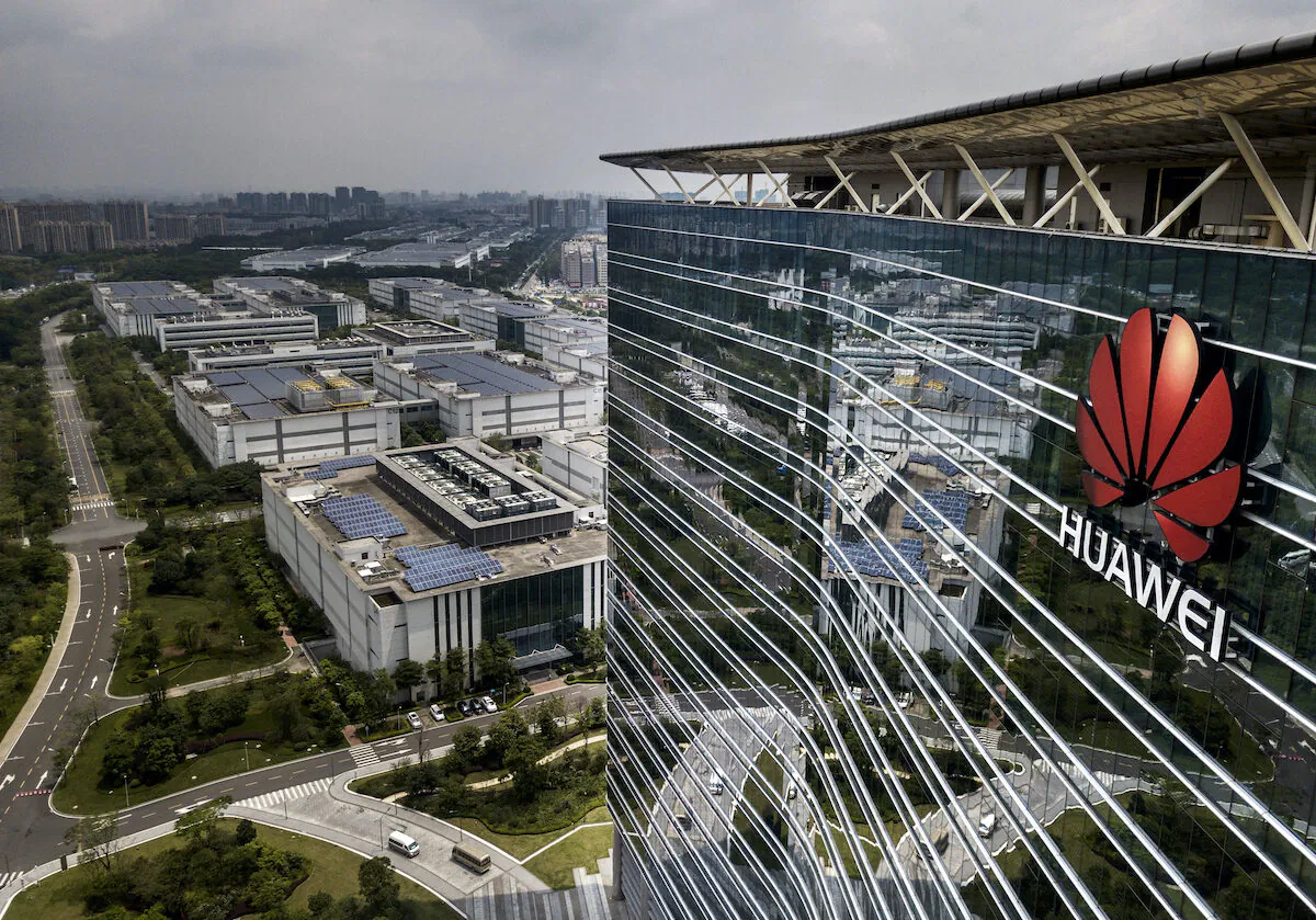 The Huawei logo on the side of the main building at the company's production campus in Dongguan, near Shenzhen, China on April 25, 2019. (Kevin Frayer/Getty Images)