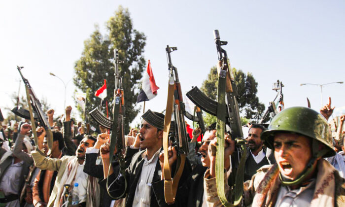 Shiite rebels, known as Houthis, chant slogans during a demonstration against an arms embargo imposed by the U.N. Security Council on Houthi leaders, in Sanaa, Yemen, on April 16, 2015. (Hani Mohammed/AP Photo)
