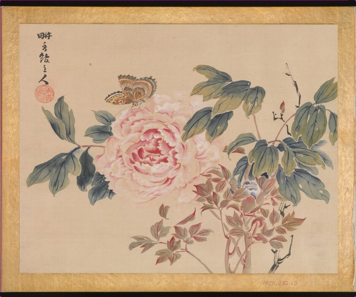 A painting of a peony and a butterfly from an album of flower and bird paintings, by Taki Katei. Ink and color on silk; 10 inches by 12 inches. Gift of Dr. and Mrs. Harold B. Bilsky, 1975. Metropolitan Museum of Art. (Public Domain)