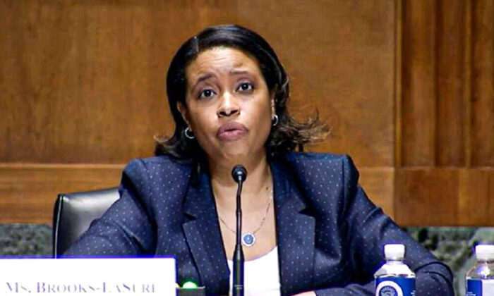 In this image from video, Chiquita Brooks-LaSure, now the administrator of the Centers for Medicare and Medicaid Services, is seen testifying to the Senate during her confirmation hearing in Washington on April 15, 2021. (The Epoch Times via Senate Committee on Finance)