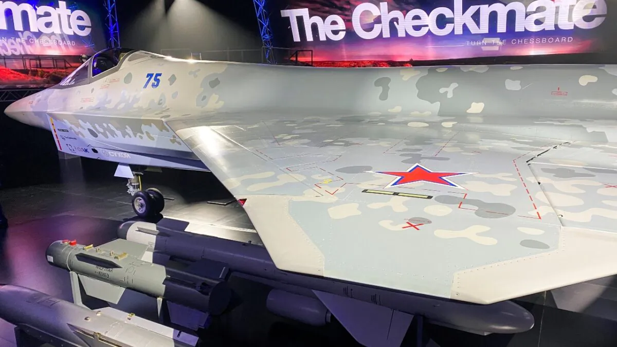A Sukhoi Su-75 Checkmate prototype warplane is displayed at the Dubai Airshow, in Dubai, United Arab Emirates, on Nov. 14, 2021. (Imad Creidi/Reuters)