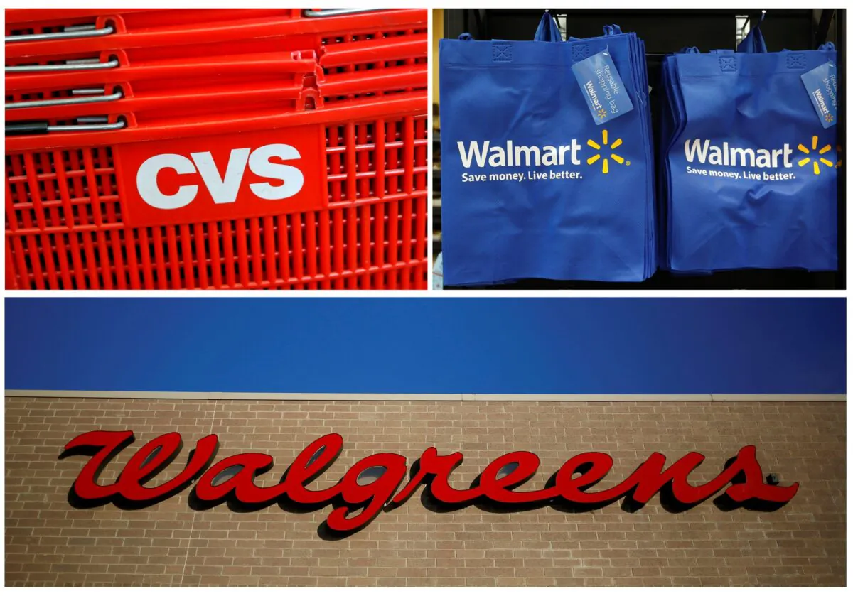 The combination photo shows a logo of CVS in Manhattan, N.Y., on Aug. 1, 2016, re-usable Walmart bags in a newly opened Walmart Neighborhood Market in Chicago, Ill., on Sept. 21, 2011, and a Walgreens sign in the Chicago suburb of Niles, Ill., on Feb.10, 2015. (Andrew Kelly/Jim Young/Reuters)