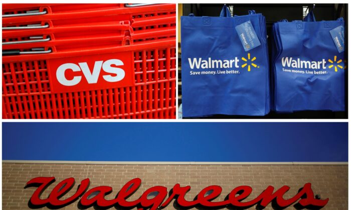  combination photo shows a logo of CVS in Manhattan, N.Y., on Aug. 1, 2016, re-usable Walmart bags in a newly opened Walmart Neighborhood Market in Chicago, Ill., on Sept. 21, 2011, and a Walgreens sign in the Chicago suburb of Niles, Ill., on Feb.10, 2015. (Andrew Kelly/Jim Young/Reuters)