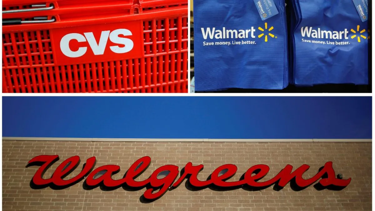 The combination photo shows a logo of CVS in Manhattan, New York, on Aug. 1, 2016, reusable Walmart bags in a newly opened Walmart Neighborhood Market in Chicago on Sept. 21, 2011, and a Walgreens sign in the Chicago suburb of Niles, Ill., on Feb. 10, 2015. (Andrew Kelly/Jim Young/Reuters)