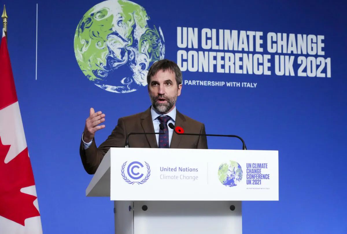 Minister of Environment and Climate Change Steven Guilbeault holds a press conference at COP26 in Glasgow, Scotland, on Nov. 2, 2021. (The Canadian Press/Sean Kilpatrick)
