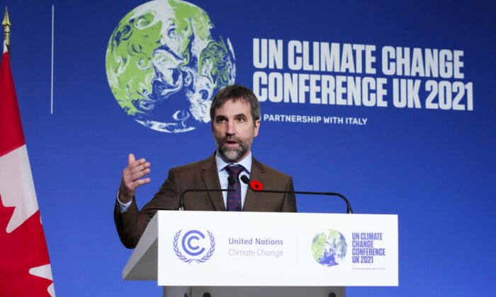Minister of Environment and Climate Change Steven Guilbeault holds a press conference at COP26 in Glasgow, Scotland, on Nov. 2, 2021. (The Canadian Press/Sean Kilpatrick)