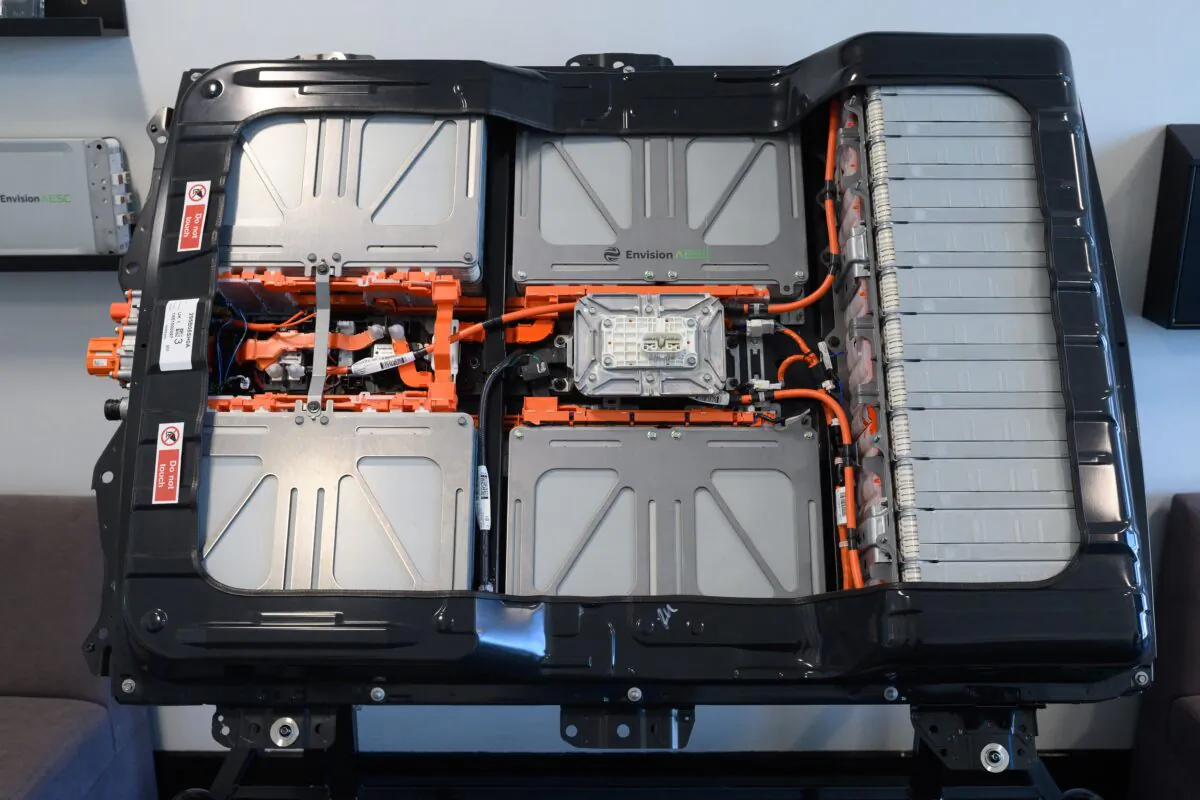A battery for a Nissan Leaf electric vehicle is on show in the foyer of the Envision battery manufacturing plant at Nissan's plant in Sunderland, England, on July 1, 2021. (Oli Scarff/AFP via Getty Images)