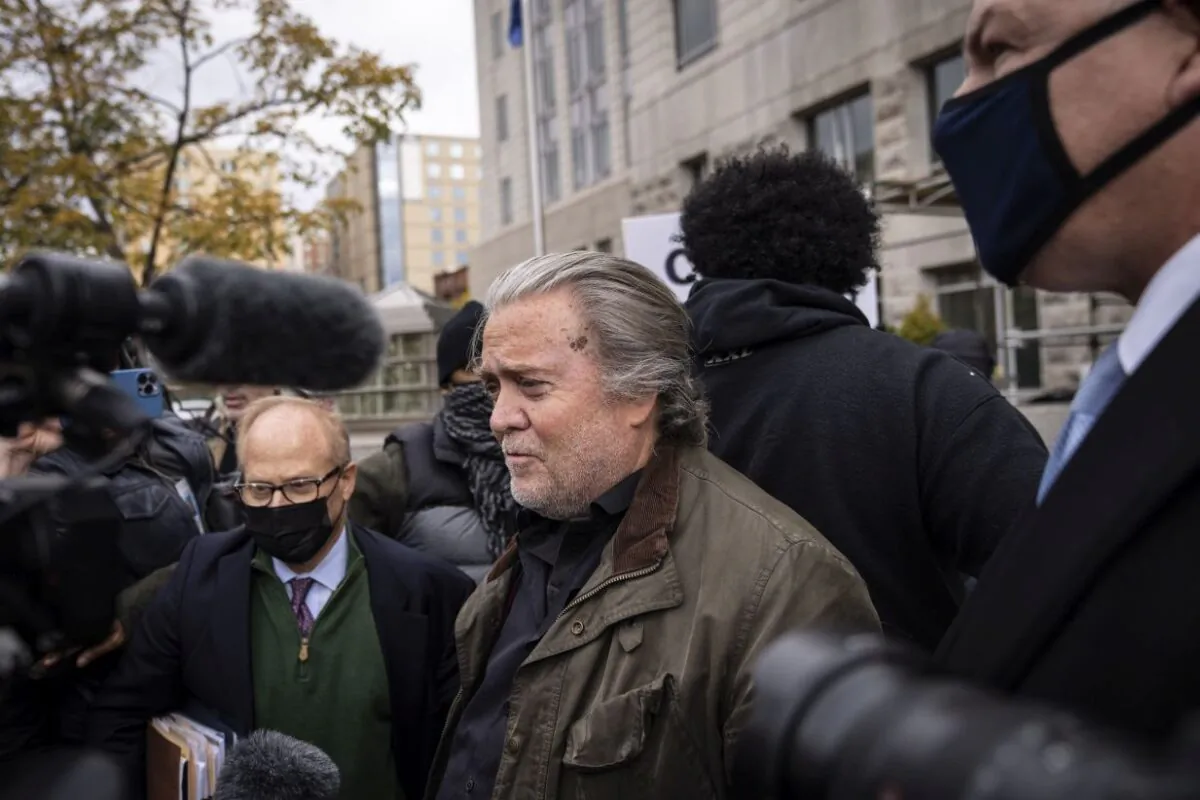 Ex-White House advisor Steve Bannon arrives to turn himself in at the FBI Washington Field Office on Nov. 15, 2021. Bannon was charged with two counts of contempt of Congress after refusing to comply with a subpoena from the House Select Committee investigating the Jan. 6, 2021, attack on the U.S. Capitol. (Drew Angerer/Getty Images)