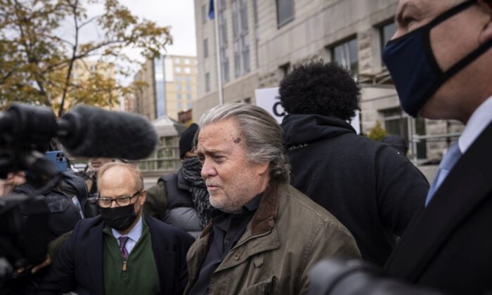 Ex-White House advisor Steve Bannon arrives to turn himself in at the FBI Washington Field Office on Nov. 15, 2021. Bannon was charged with two counts of contempt of Congress after refusing to comply with a subpoena from the House Select Committee investigating the Jan. 6, 2021, attack on the U.S. Capitol. (Drew Angerer/Getty Images)