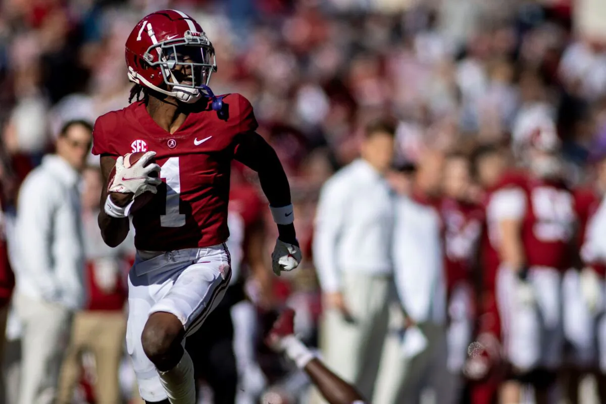 Alabama wide receiver Jameson Williams (1) runs down the sideline on a long pass reception against New Mexico State during the first half of an NCAA college football game in Tuscaloosa, Ala., on Nov. 13, 2021. (Vasha Hunt/AP Photo)