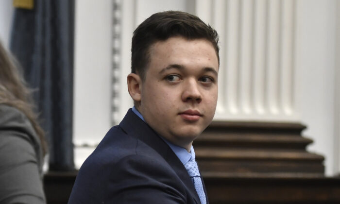 Kyle Rittenhouse looks on as the jury is let out of the room during a break during his trial at the Kenosha County Courthouse in Kenosha, Wis., on Nov. 15, 2021. (Sean Krajacic/The Kenosha News via AP, Pool)