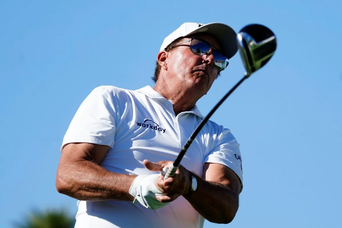 Phil Mickelson watches his tee shot on the first hole during the third round of the Charles Schwab Cup Championship golf tournament in Phoenix, on  Nov. 13, 2021. (Ross D. Franklin/AP Photo)