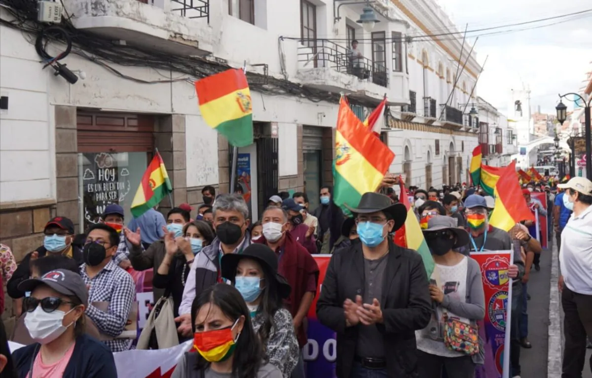 Protesters march in the streets of Sucre, Bolivia, on Nov. 12, 2021 (Autumn Spredemann / The Epoch Times)